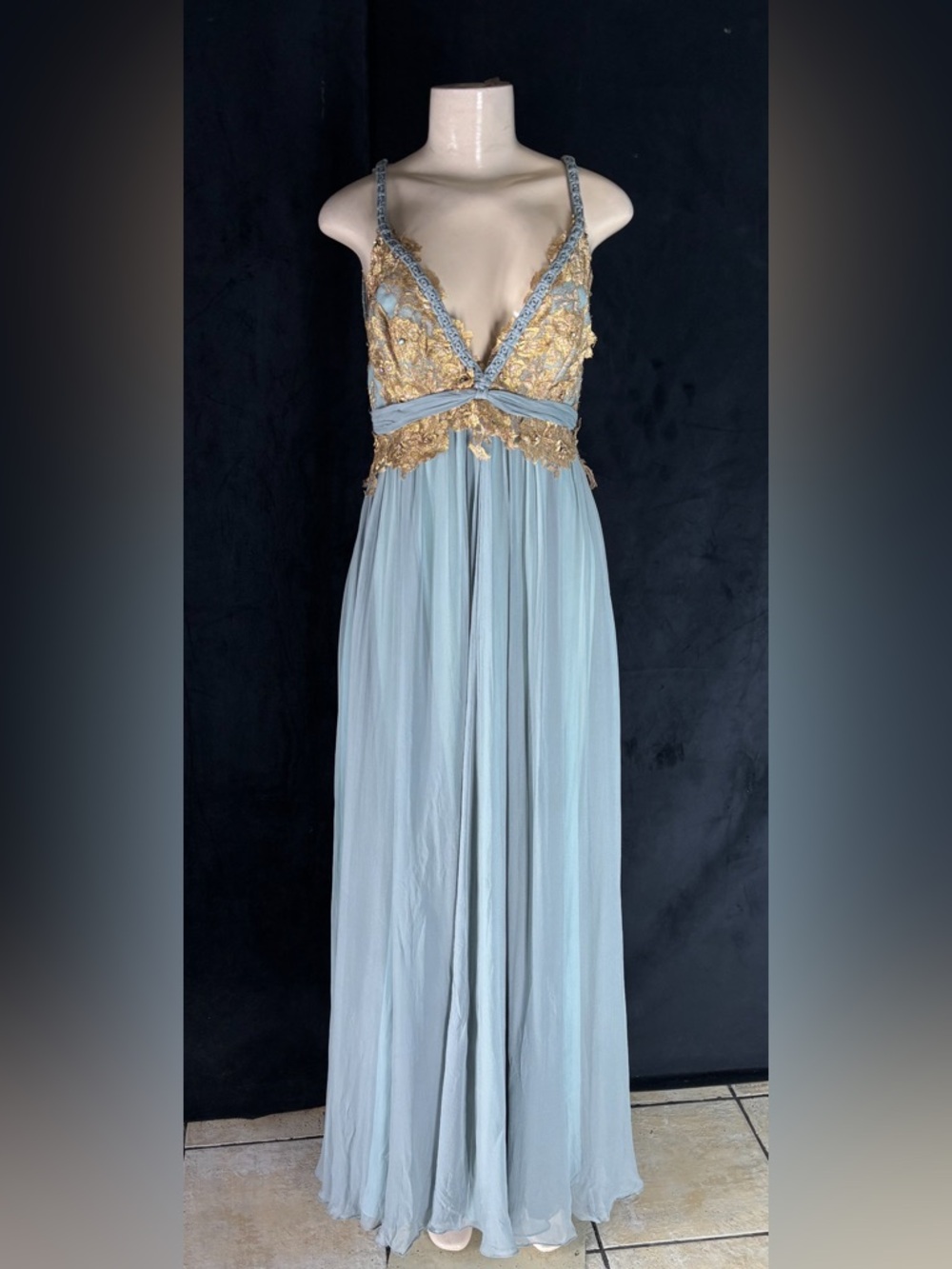 Sky Blue Chiffon Prom Dress with Gold Appliqué Bodice